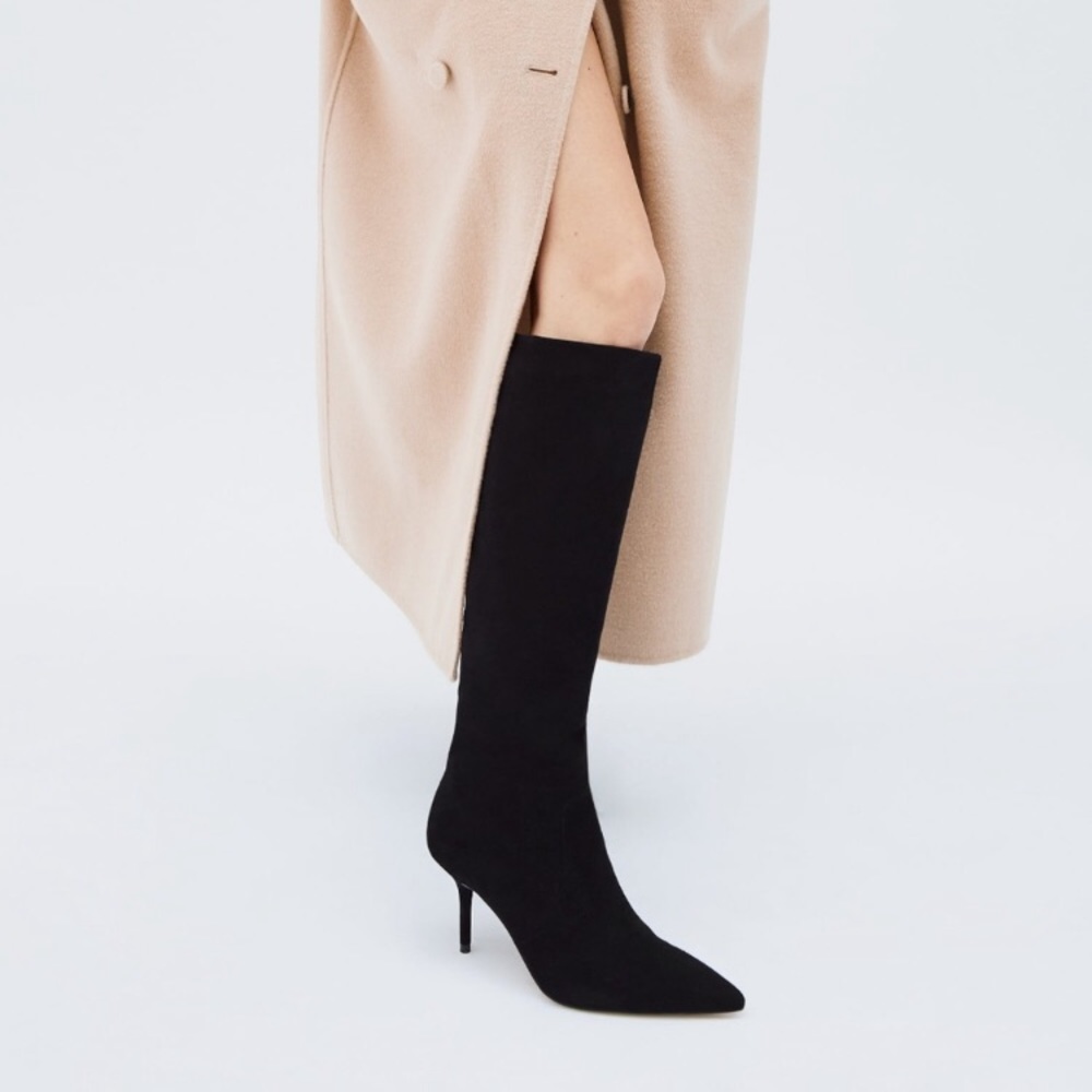ZARA Black Suede Tall Shaft Mid Heel Boot 7½